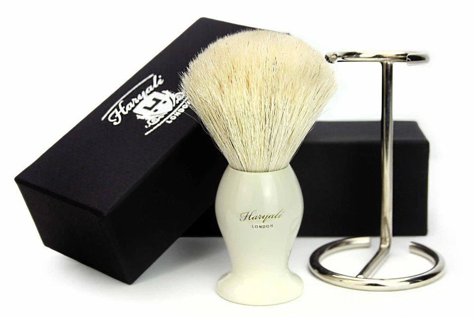 HARYALI LONDON Pure White Badger Hair Shaving Brush with Steel Brush Stand Perfect Gift for Men