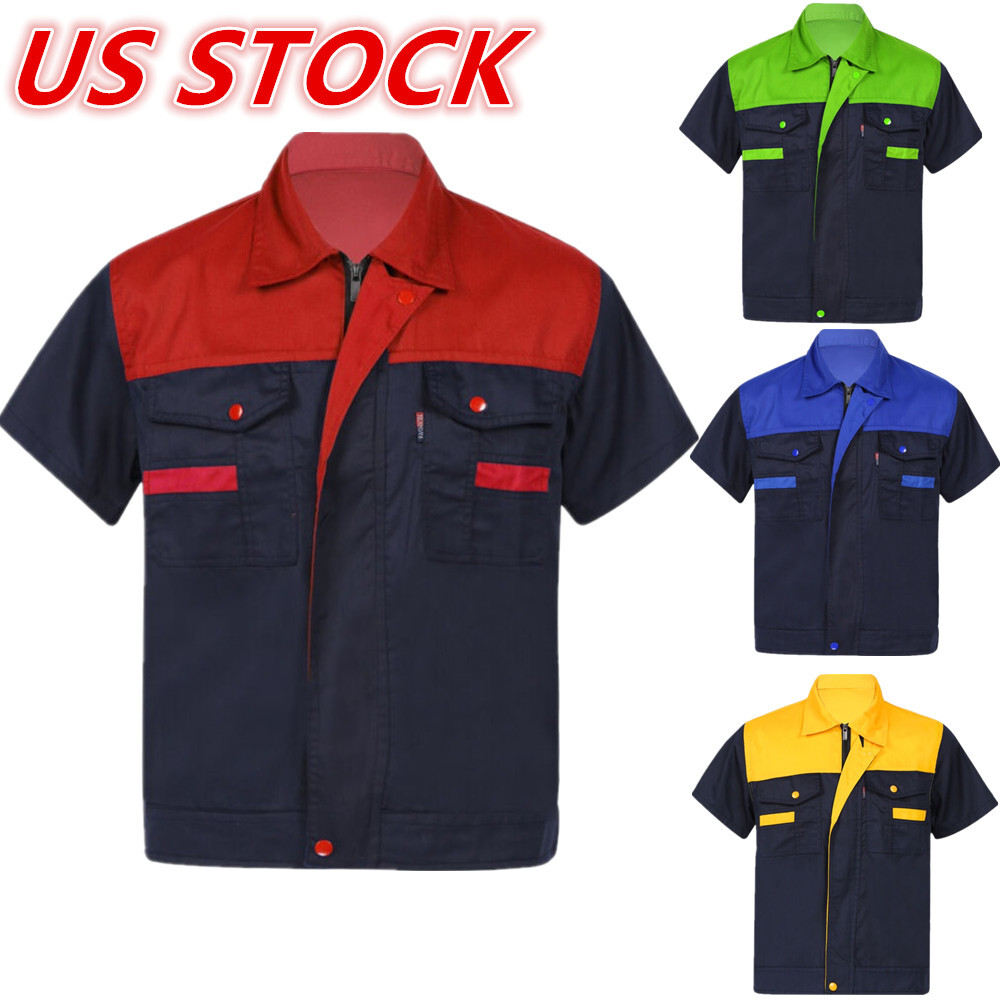 US Men's Color Block Work Shirt Short Sleeve Shop Shirt Motor Mechanic Uniform