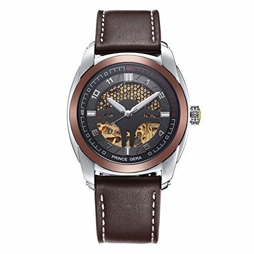 PRINCE GERA Genuine leather belt 5 ATM water resistant skeleton watch (Brown)