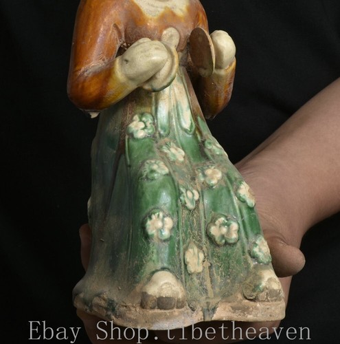 8.8" Rare Old Chinese Tangsancai Ceramics Beauty Playing music Knocking Statue - Picture 9 of 13