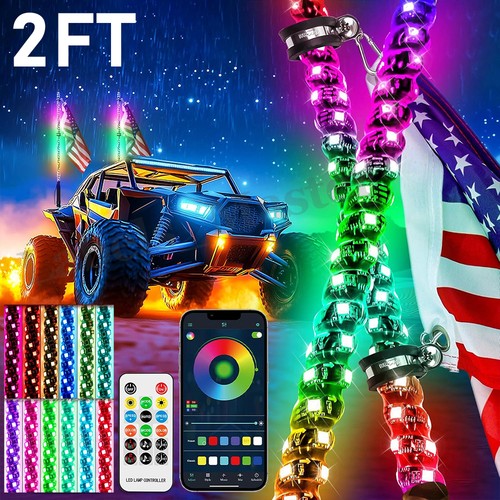 2X 2FT LED Whip RGB Chasing Antenas Light Remote APP Controlled For ATV Polaris - Foto 1 di 12