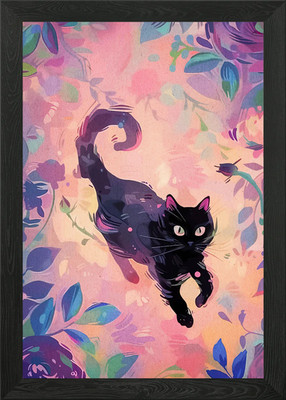 Schwarze Katze in Blumen Fantasy gerahmtes Wandbild Poster Leinwanddruck Bild