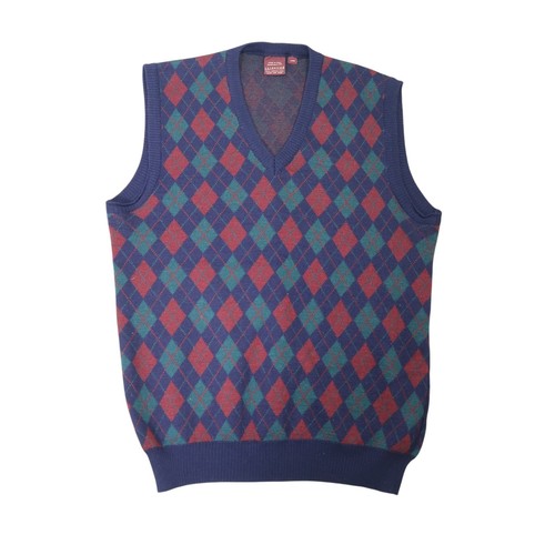 Vintage 80s Nordstrom navy red green argyle plaid merino wool sweater vest Men L