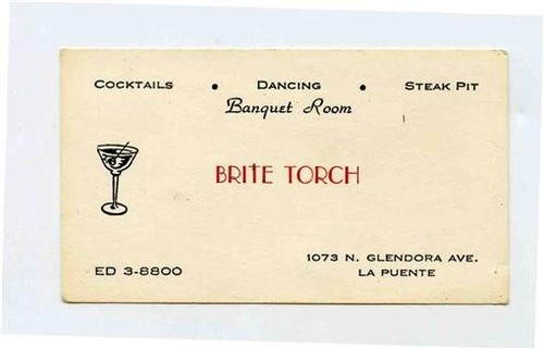 Brite Torch Business Card Cocktails Dancing Steak Pit La Puente California 1960s