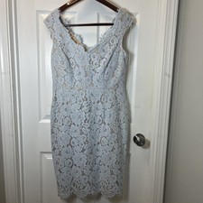 ELIZA J Size 12Petite Sheath Dress Midi Baby Blue Lace Overlay Sleeveless Formal