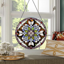 Colorful Floral Stained Glass Window Panel - 12" Round Hanging Art