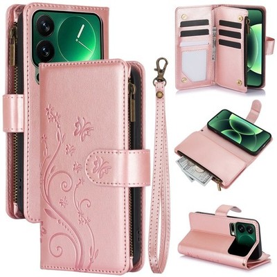 Zip Butterfly Wallet Phone Case For Xiaomi 17 Pro Max 15 14 Redmi Note 14 13 12