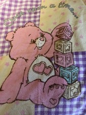 Care Bear Once Upon A Time Crib Blanket Nursery pink bear satin trim 2006