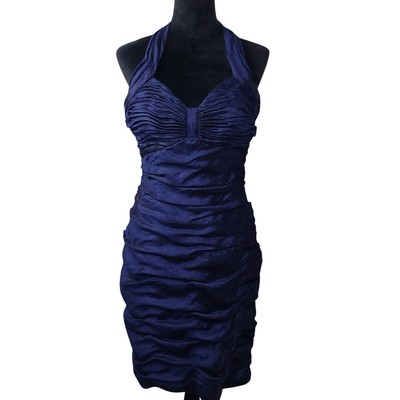 Vtg Y2k Women's Ruched Halter Dress Sz 12 Backless Blue NWT Baby Doll Body Con