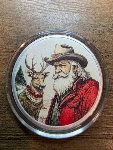 2025 SANTA AND RAINDEER .999 FINE SILVER COIN COLORIZED  in capsule and box