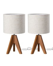 2ps Small Wooden Tripod Bedside Lamps w/ Linen Fabric Shade Nightstand Lighting
