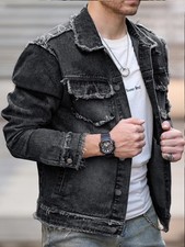 Chaqueta Vaquera Negra Para Hombres Deshilachada Mezclilla