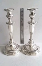 GOOD LGE. PR. GEO.  ANTIQUE SOLID SILVER CANDLESTICKS. HT. 30.8cms.  SHEFF. 1817