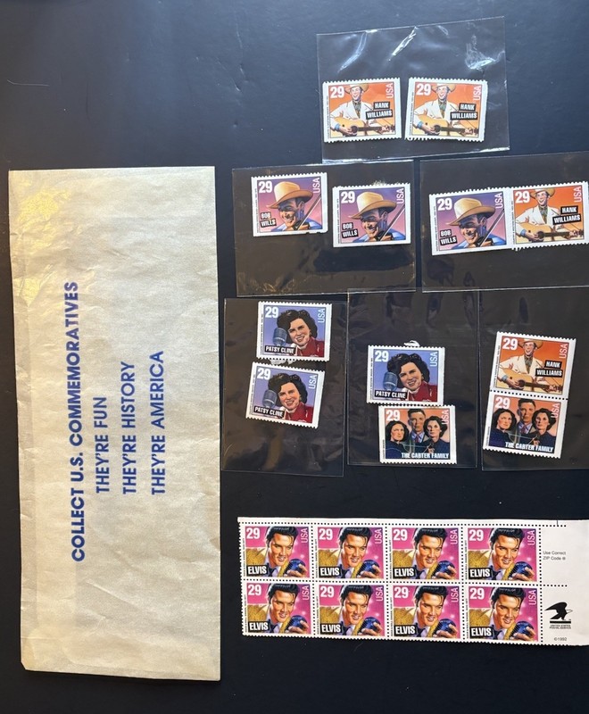 US Scott 2771-74, Country Singers. Elvis, Hank, Patsy, Bob, Carters 20 Stamp Lot