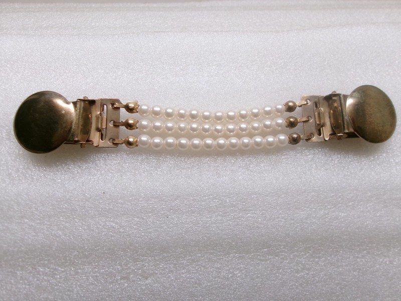 Vintage Sweater Clip Guard 3 Strand Pearl Chain Gold Tone Button Clip Dress