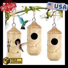 Hummingbird House for outside Hanging, Wooden Humming Bird Nest 3 Pcs with Hemp