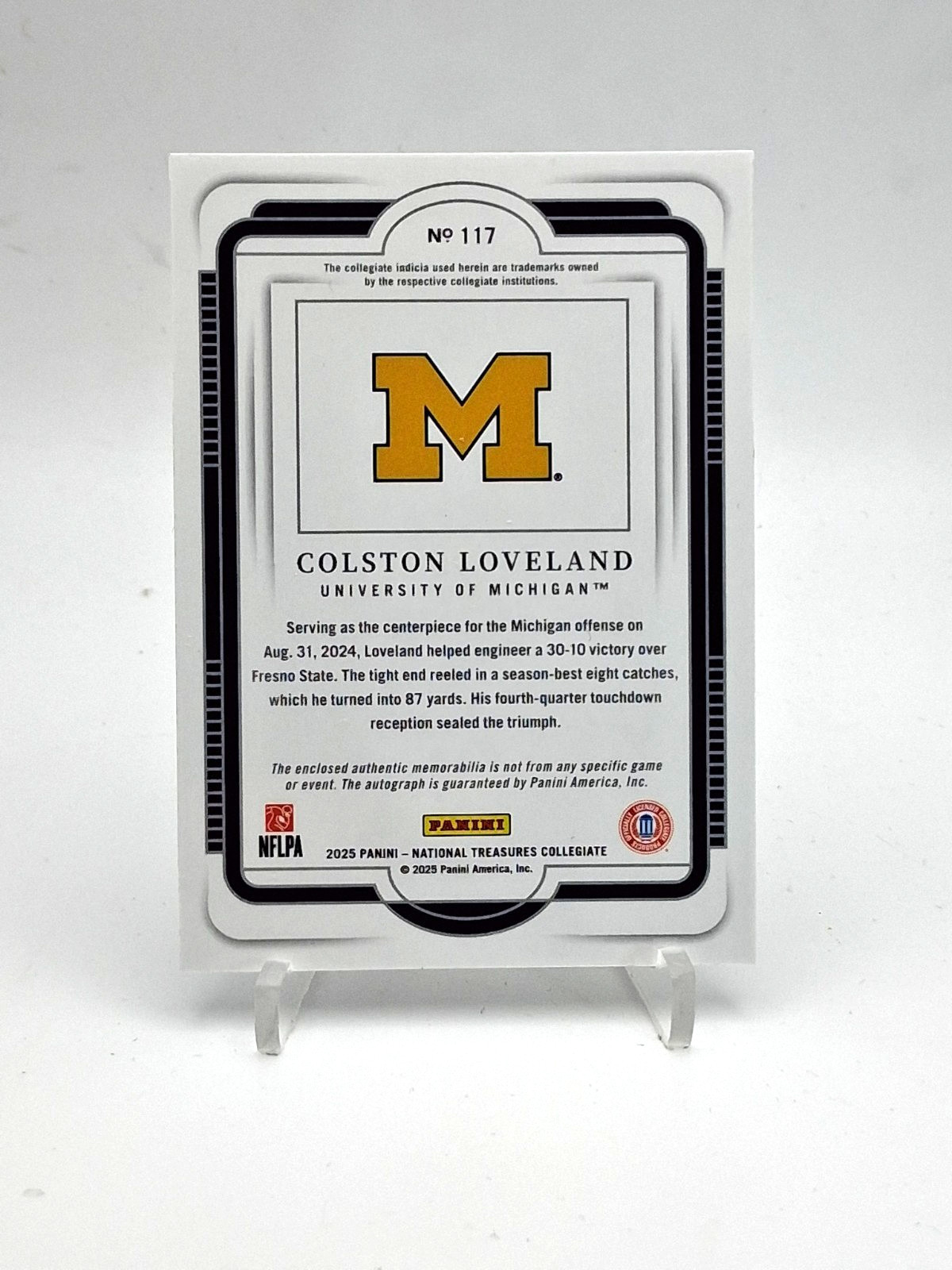 Colston Loveland 2025 National Treasure Collegiate On Card Auto Michigan Rose ** view 3