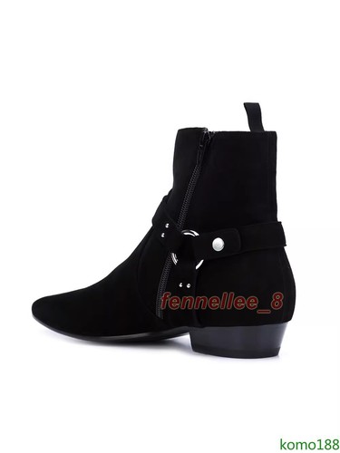 British Mens Suede High Top Flats Shoes Black Pointed Toe Chelsea Ankle Boots - Picture 2 of 13