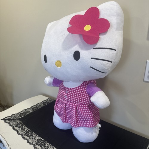 2014 Hello Kitty 27" Plush Toy Purple Plaid Gingham Dress Fiesta Sanrio Clean