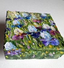 ORIGINAL OIL impasto Painting "Irises " 4"X4" X 1.5" by Olga Diduh.