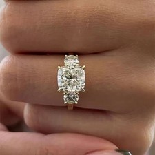 3 Ct Cushion Cut VVS1 Moissanite Three Stone Wedding Ring 14K Yellow Gold Plated