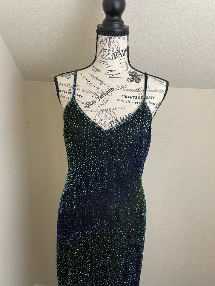Laurence Kazar Beaded Silk Evening Gown Black Green Blue Ombré Formal prom Dress - Image 3 of 4