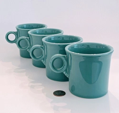 Set of 4 Homer Laughlin Fiesta Ware Coffee Mugs Ring Handle Turquoise Teal EUC