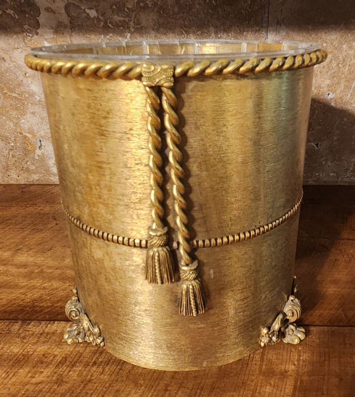 Vtg Gold Twisted Rope Waste Basket USA StyleBuilt 10x9” Hollywood Regency