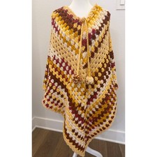 Handmade Granny Square Crochet Poncho Shawl Bohemian Earth Tone Tassel