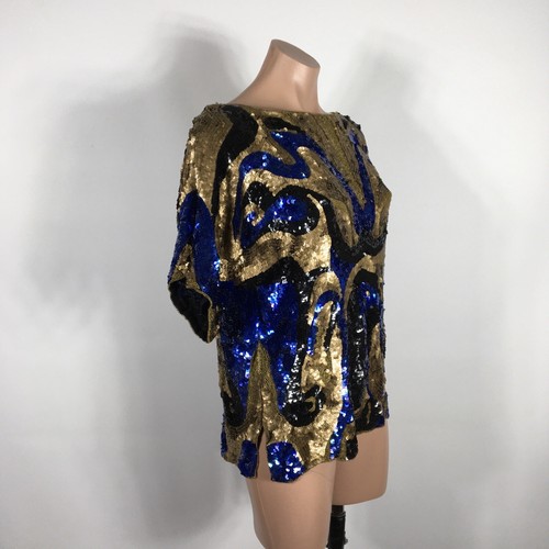 Heavy Beaded Evening Blouse Gold Black Blue Retro SEQUIN Vintage Trophy Wife S - Picture 4 of 10