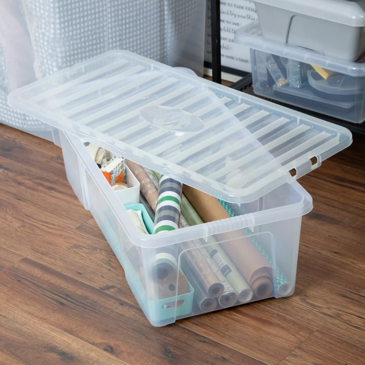 62L/80L/110L Large Plastic Crystal Storage Box Clip On Lid Ideal for Home  Garage