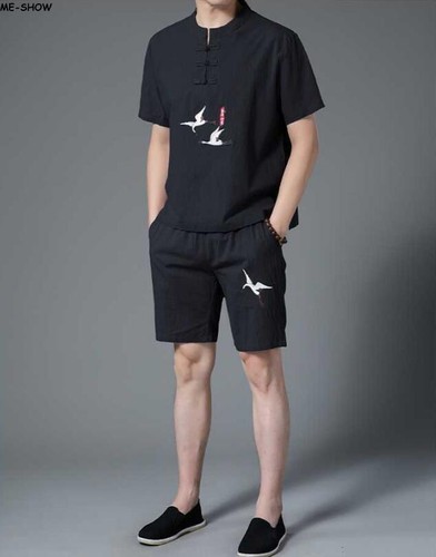 Men's Short Sleeves Shirts Cotton Linen Tops Pants Tang Suit Summer Shorts Relax - Picture 19 of 24