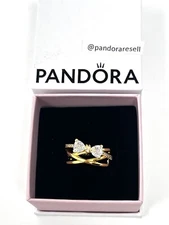 * Brand New*  Pandora Sparkling Bow & Crossover Band Ring With Box