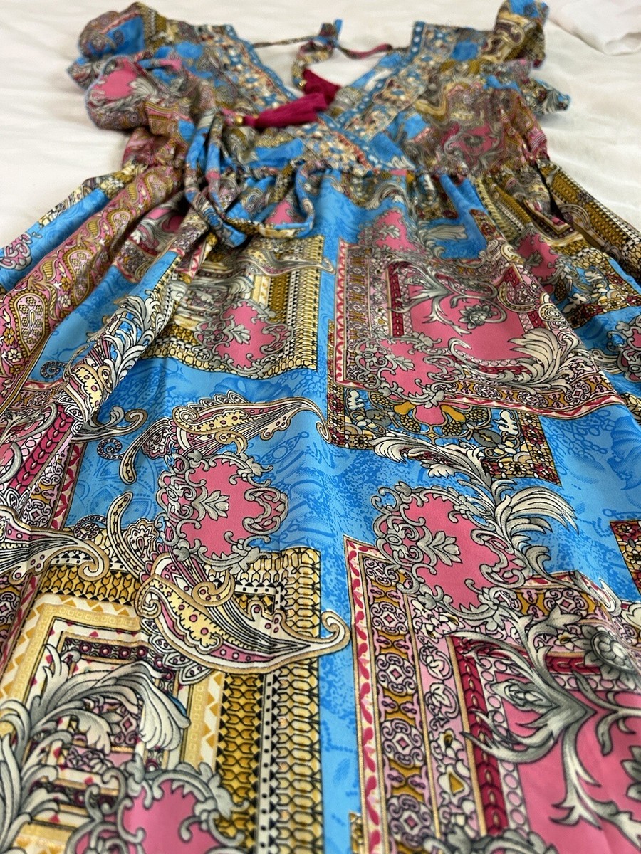 big bull silk dress Bigg Bull Silk Maxi Boho Festival Beach Indian Embellished Tassel Dress Small