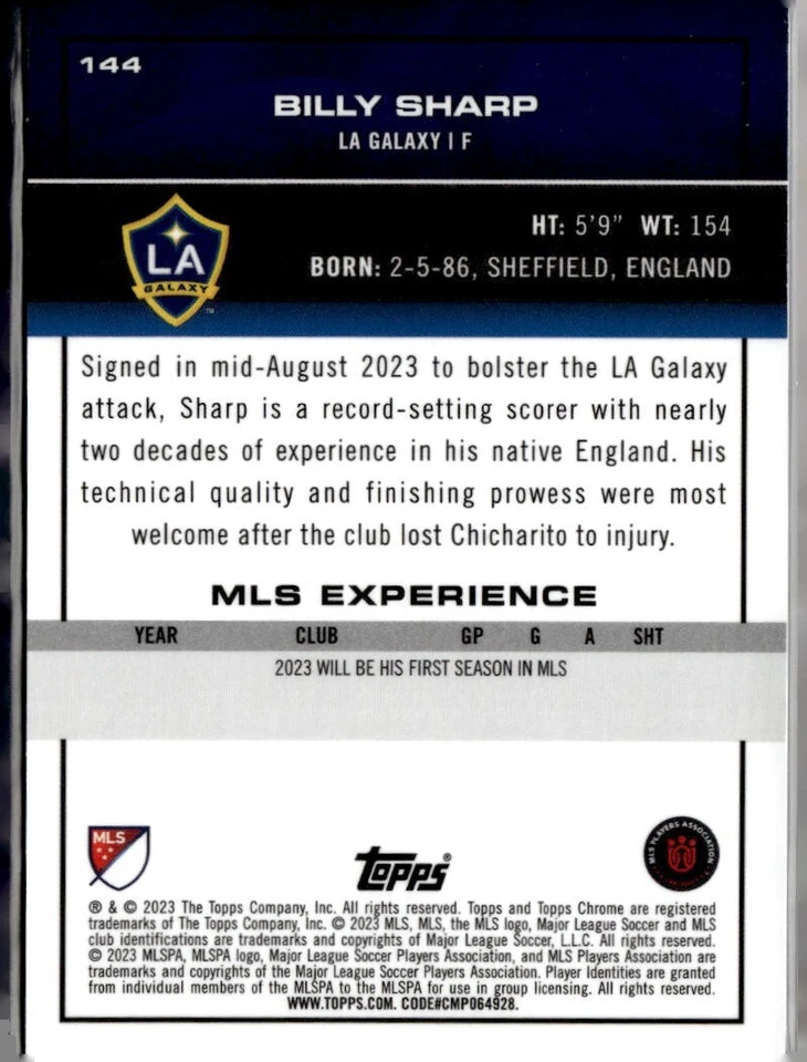 2023 TOPPS CHROME MLS GOLD #144 BILLY SHARP (38/50) - Image 2 of 2