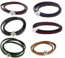 Italian Leather 3-Wrap Bracelet, Stainless Steel Magnetic Clasp