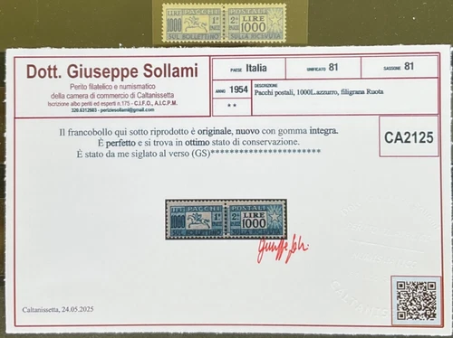 Republic 1954 postal parcels lire 1000 horse mnh certified