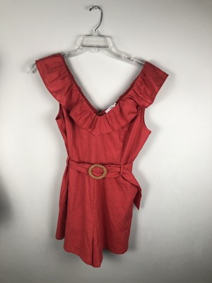 NWT Lush Burnt Orange Sleeveless Belted Waist Romper Women's Large Linen Blend