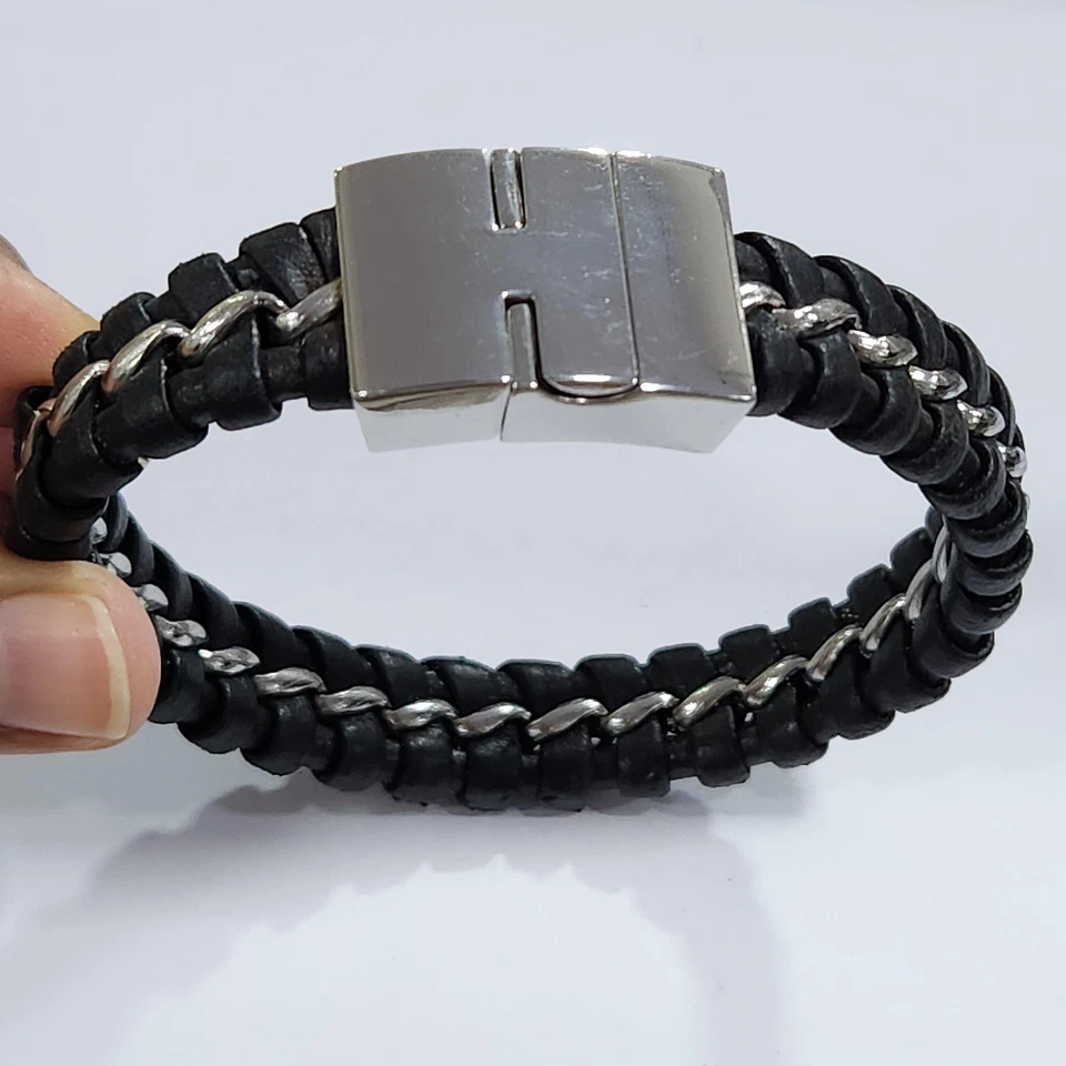 HSN Men's Stainless Steel Link and Woven Black Leather Bracelet - Image 2 of 4