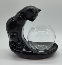 Vintage Royal Haeger Camark Pottery MCM 8" Black Cat With Libbey Glass Fish Bowl