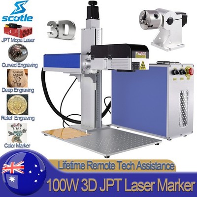 100W JPT MOPA 3D Fiber Laser Marking Machine Curved Relief Deep Engraver Rotary