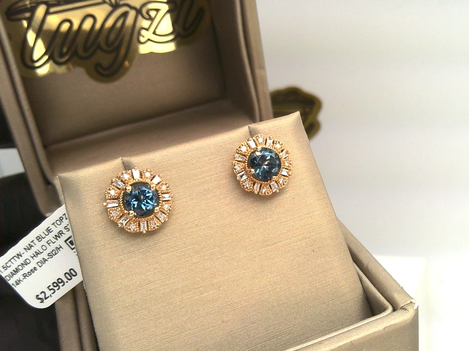14K ROSE GOLD ⭐ $2600 GENUINE London BLUE TOPAZ & NATURAL DIAMOND Earrings STUDS - Image 4 of 4