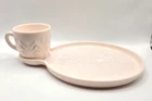 Vintage Jeannette Feather Shell Pink Milk Glass Snack Tray and Cup Set 1950's