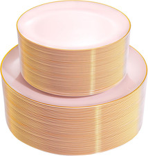 PULOTE 100PCS Pink Plastic Plates - Heavy Duty Pink and Gold Disposable Plates f