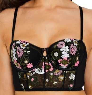 ETAM Women's Bra Bustier Lightly Lined Embroidered Black Adjustable Lace 32D NEW