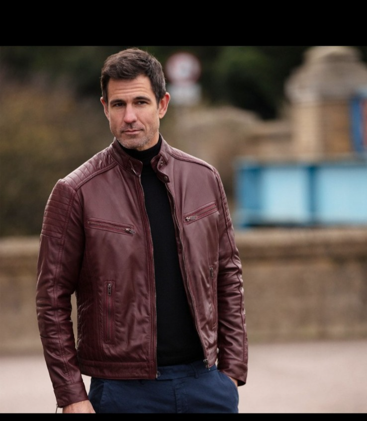 Leather jacket biker men's genuine motorcycle classic quilted shoulder- Burgundy