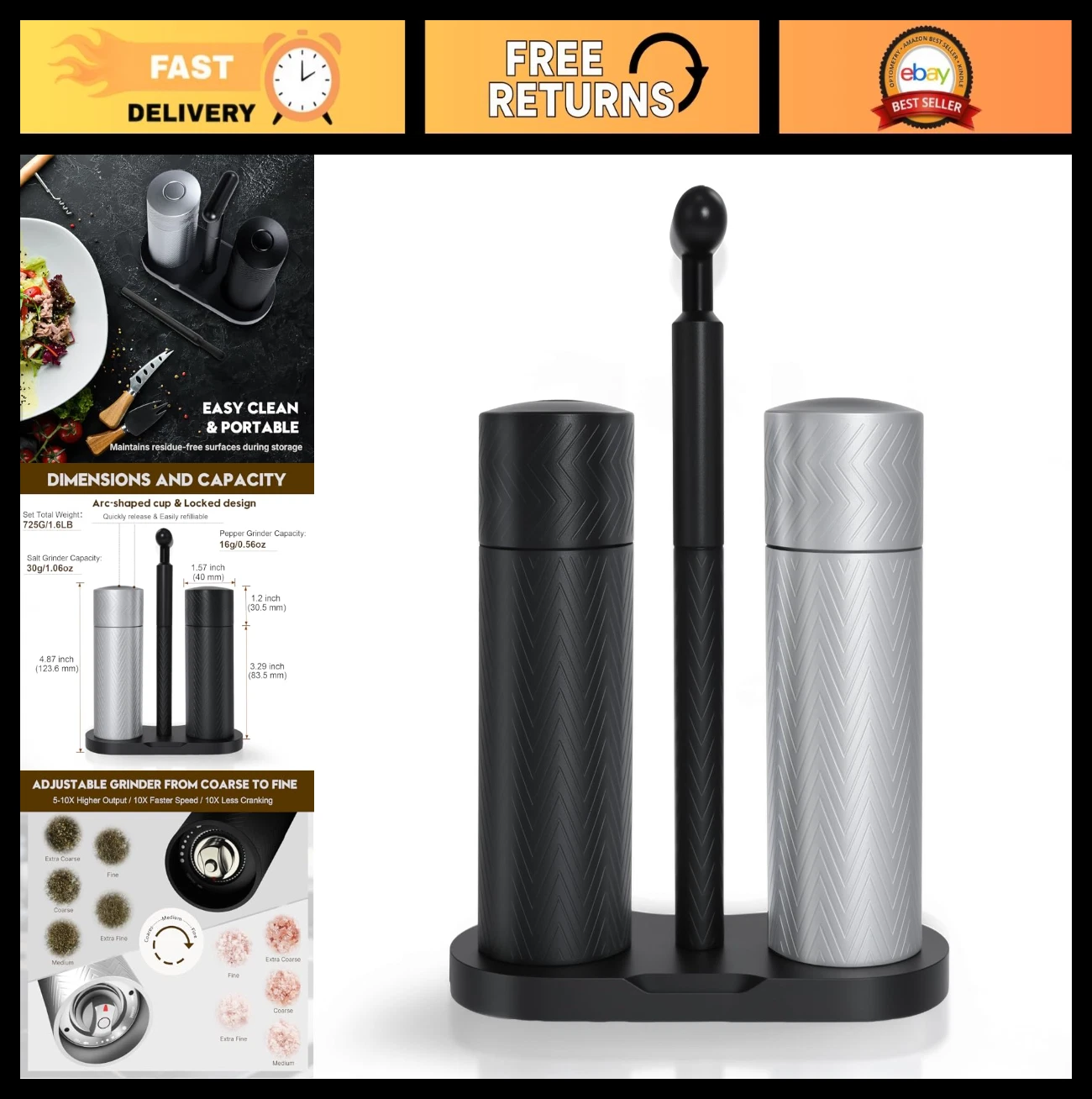 Manual Salt and Pepper Grinder Set - 2-Pack, Refillable, Adjustable Coarseness,