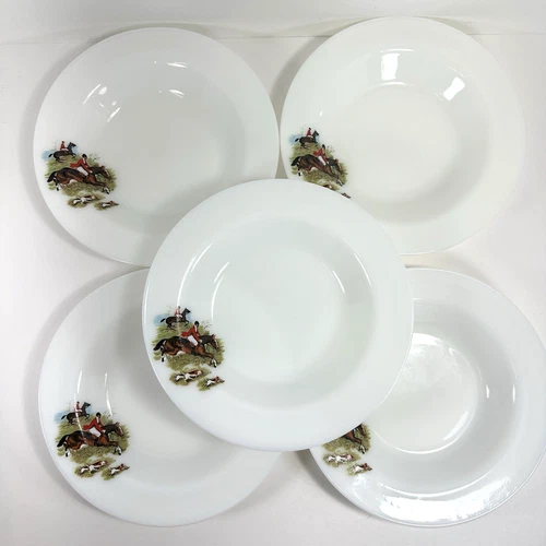 Vintage JAJ England Pyrex Tally Ho Hunting Scene 8.5in Soup Plate 614 Set of 5