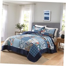 Cotton Bedspread Quilt Sets King 96 by108 Inch Blue Luxury Patchwork