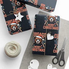 Chicago Bears Football Merry Christmas Sports Gift Wrap, Holiday Present Wrap